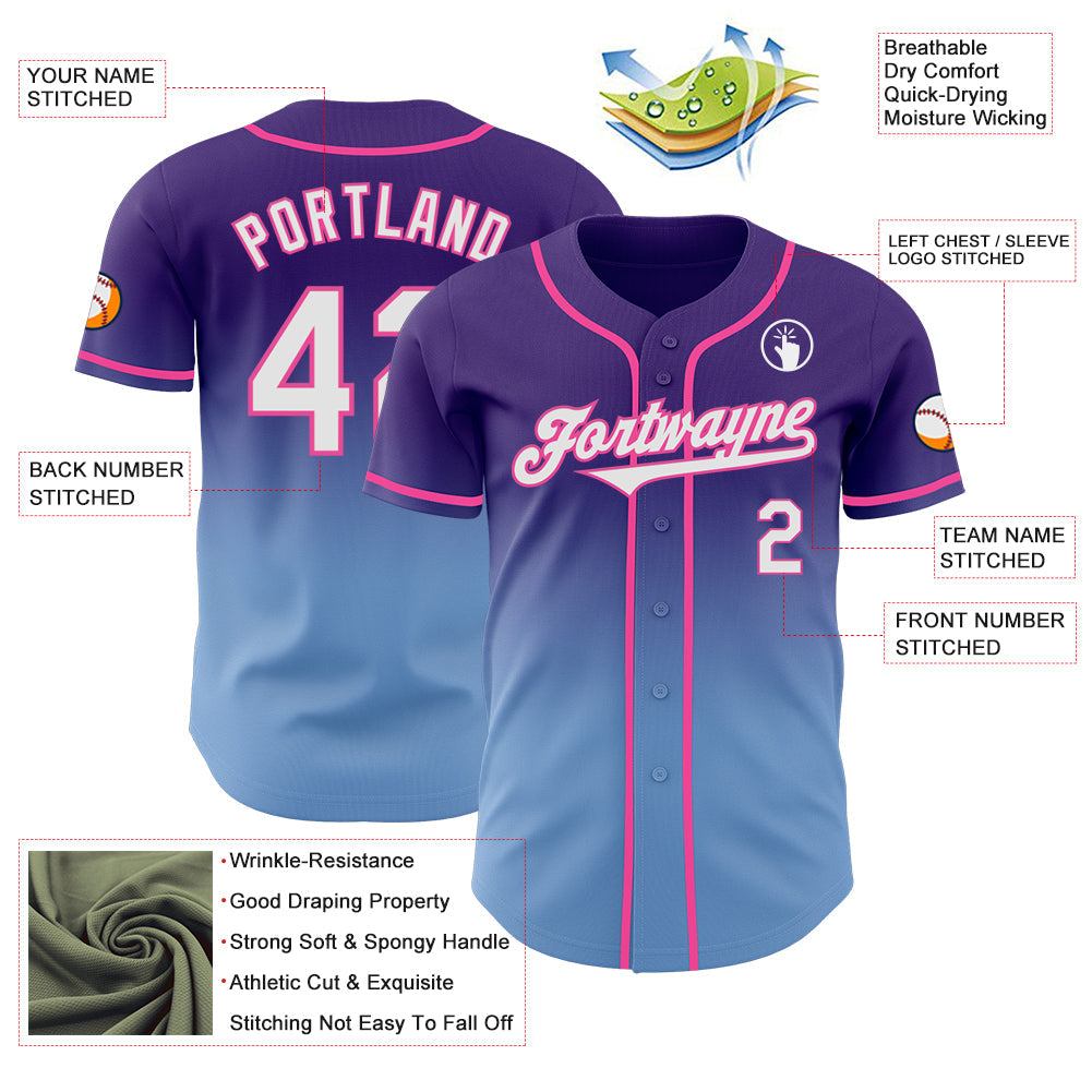 Custom Purple White Light Blue-Pink Authentic Fade Fashion Baseball Jersey view 3