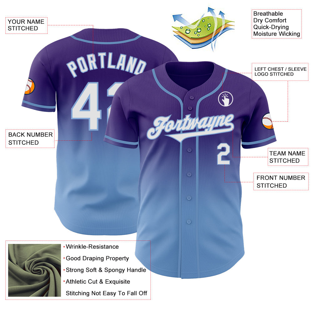 Custom Purple White-Light Blue Authentic Fade Fashion Baseball Jersey view 3