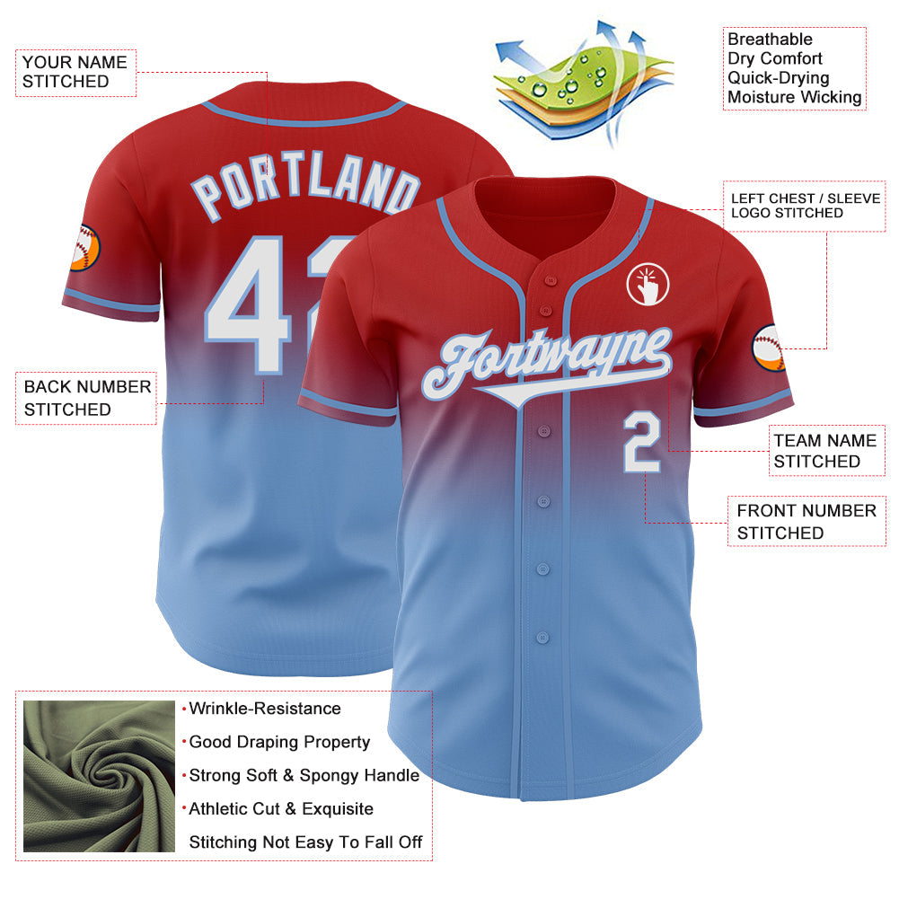 Custom Red White-Light Blue Authentic Fade Fashion Baseball Jersey view 3