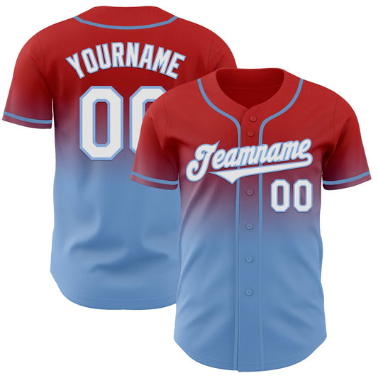 Custom Red White-Light Blue Authentic Fade Fashion Baseball Jersey - Main View