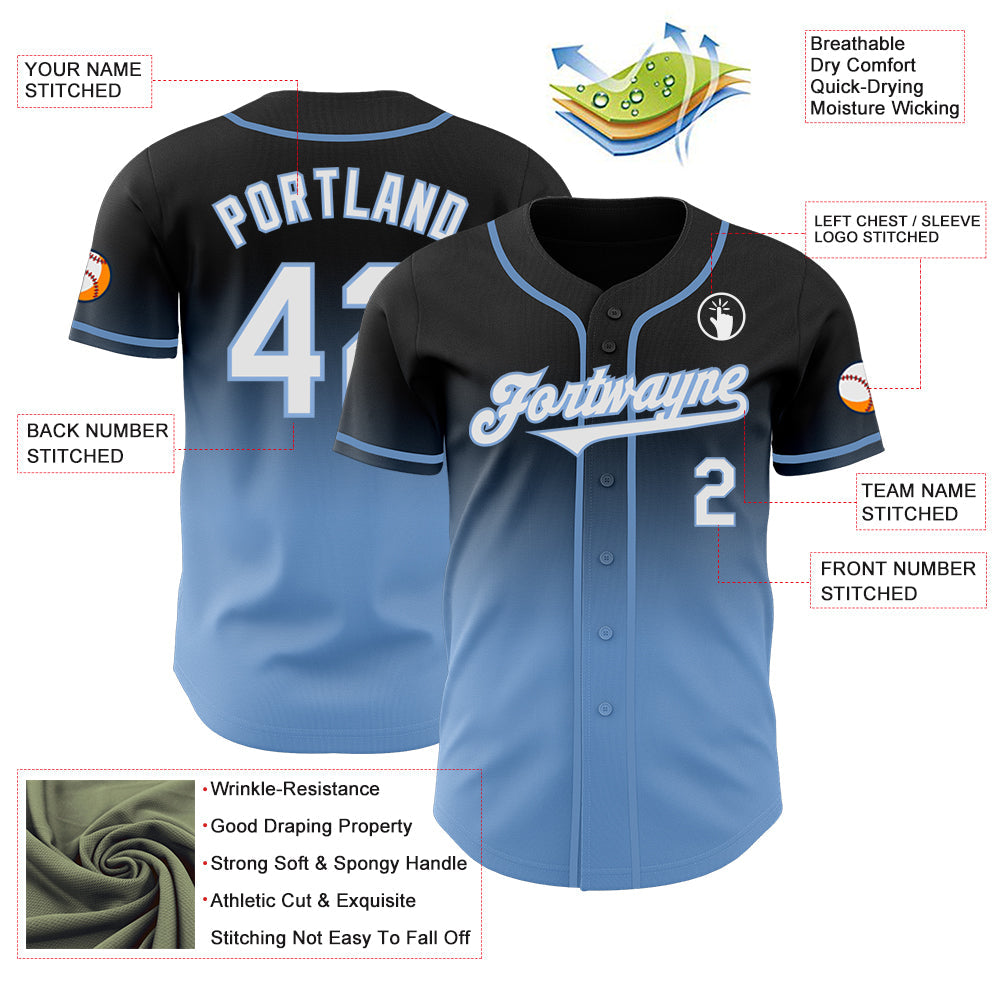 Custom Black White-Light Blue Authentic Fade Fashion Baseball Jersey view 3
