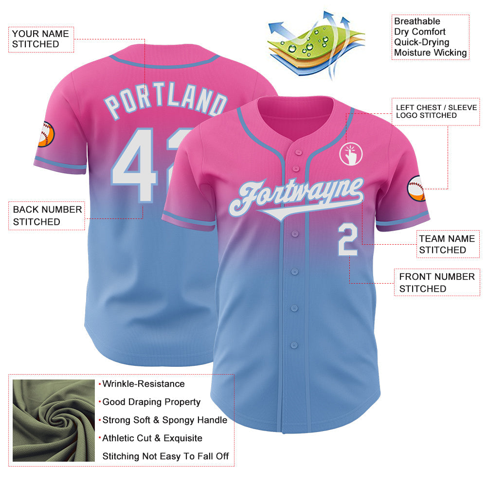 Custom Pink White-Light Blue Authentic Fade Fashion Baseball Jersey view 3