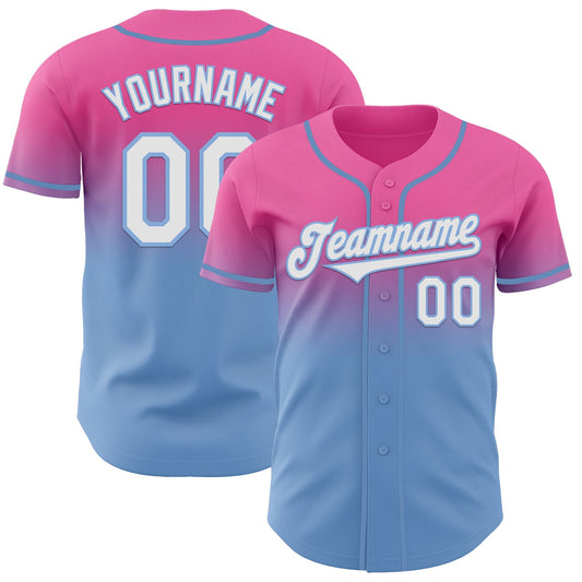Custom Pink White-Light Blue Authentic Fade Fashion Baseball Jersey - Main View