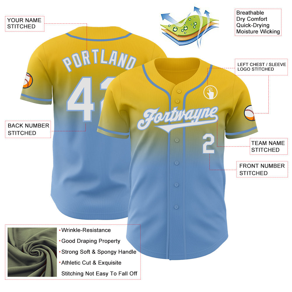 Custom Yellow White-Light Blue Authentic Fade Fashion Baseball Jersey view 3