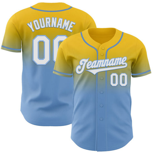 Custom Yellow White-Light Blue Authentic Fade Fashion Baseball Jersey - Main View