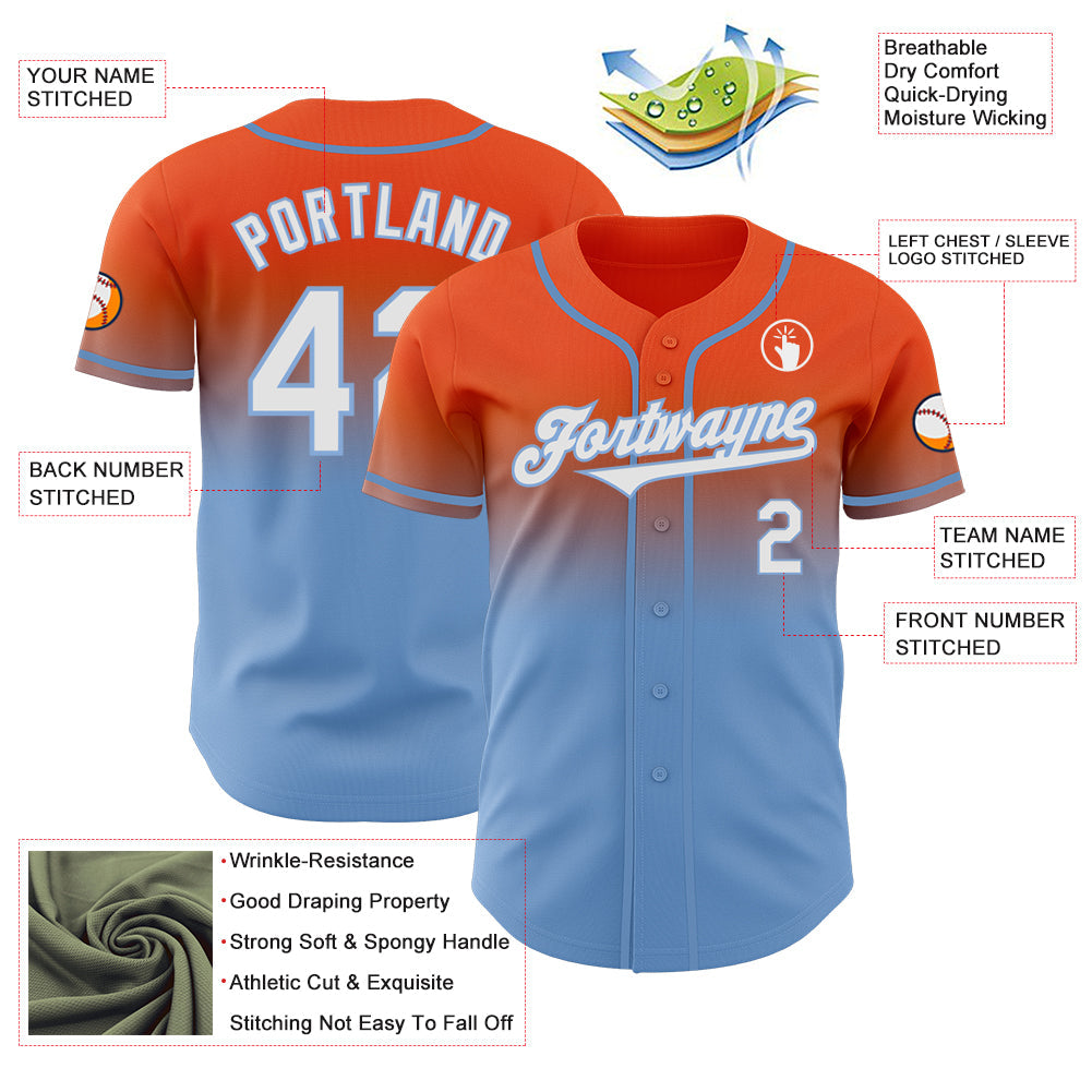 Custom Orange White-Light Blue Authentic Fade Fashion Baseball Jersey view 3