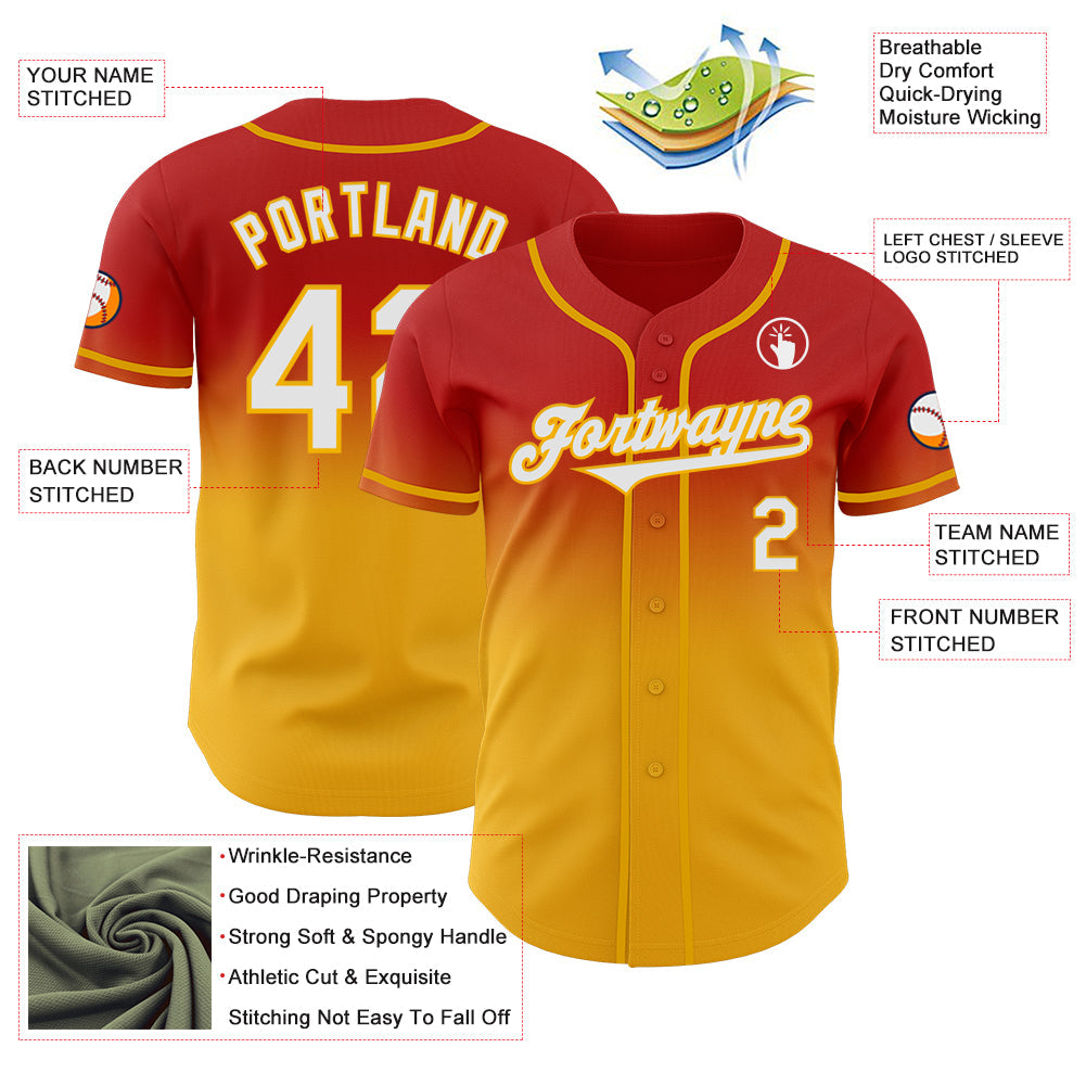 Custom Red White-Gold Authentic Fade Fashion Baseball Jersey view 3