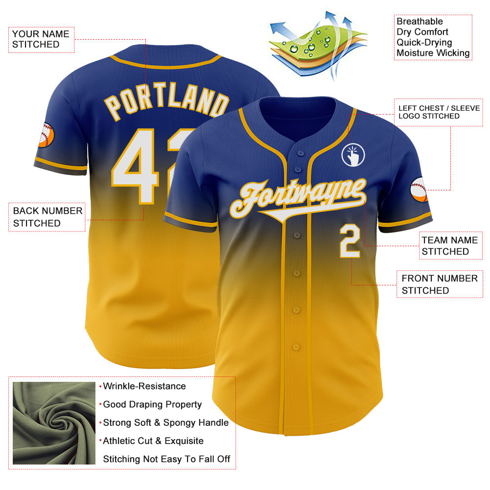 Custom Royal White-Gold Authentic Fade Fashion Baseball Jersey view 3