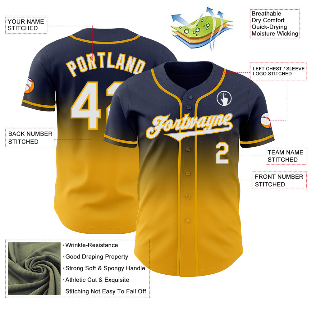 Custom Navy White-Gold Authentic Fade Fashion Baseball Jersey view 3