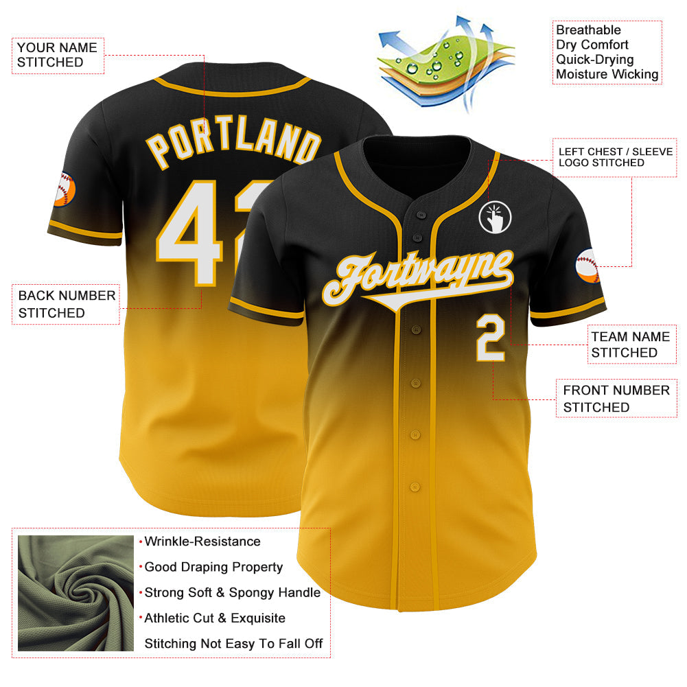 Custom Black White-Gold Authentic Fade Fashion Baseball Jersey view 3