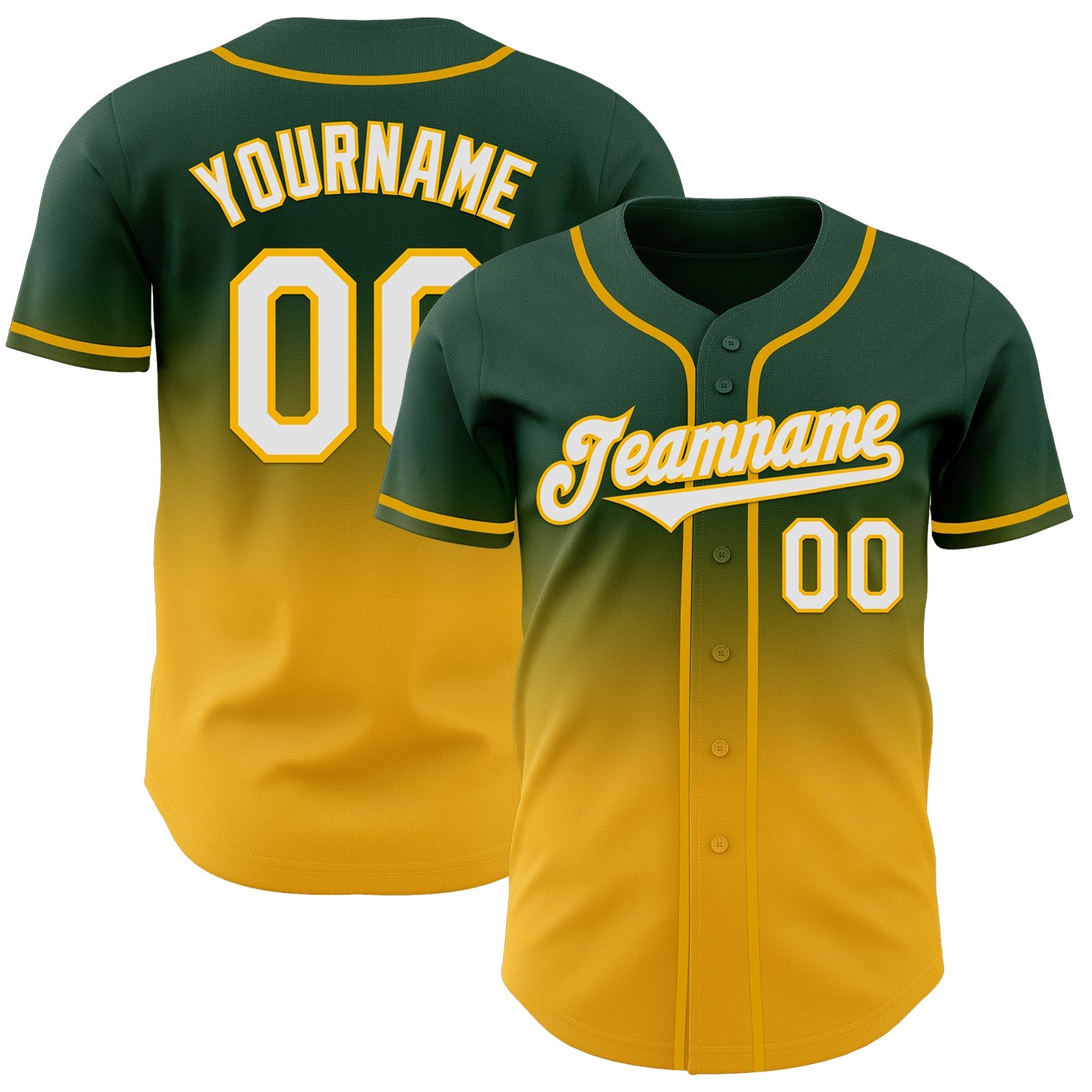 Custom Green White-Gold Authentic Fade Fashion Baseball Jersey - Main View