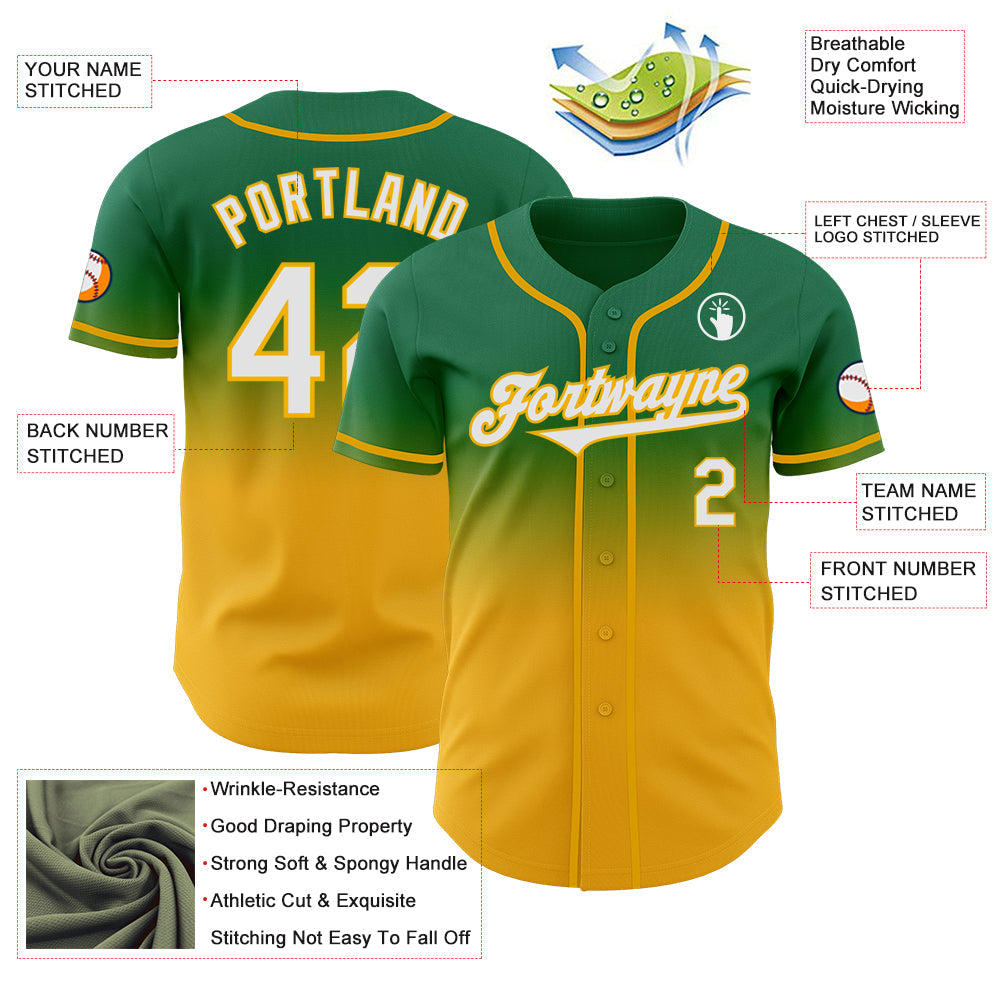 Custom Kelly Green White-Gold Authentic Fade Fashion Baseball Jersey view 3