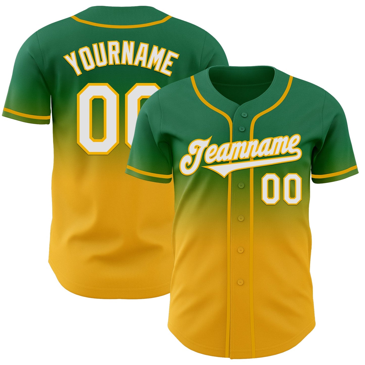 Custom Kelly Green White-Gold Authentic Fade Fashion Baseball Jersey - Main View