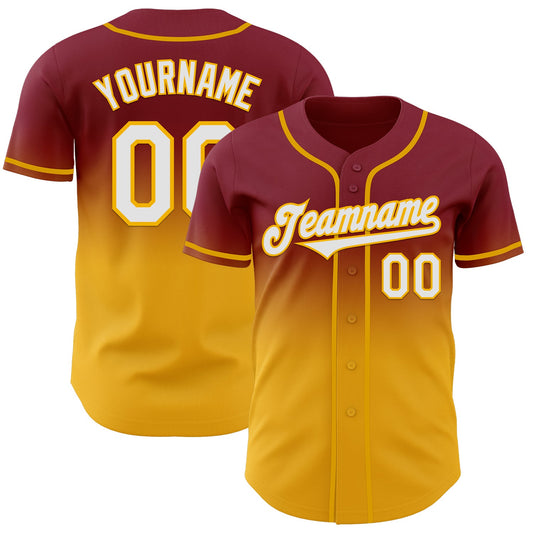Custom Crimson White-Gold Authentic Fade Fashion Baseball Jersey - Main View