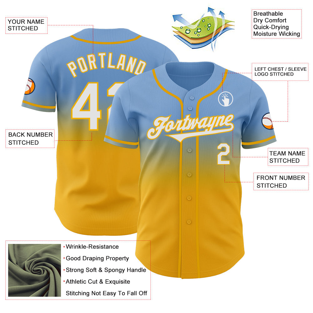 Custom Light Blue White-Gold Authentic Fade Fashion Baseball Jersey view 3
