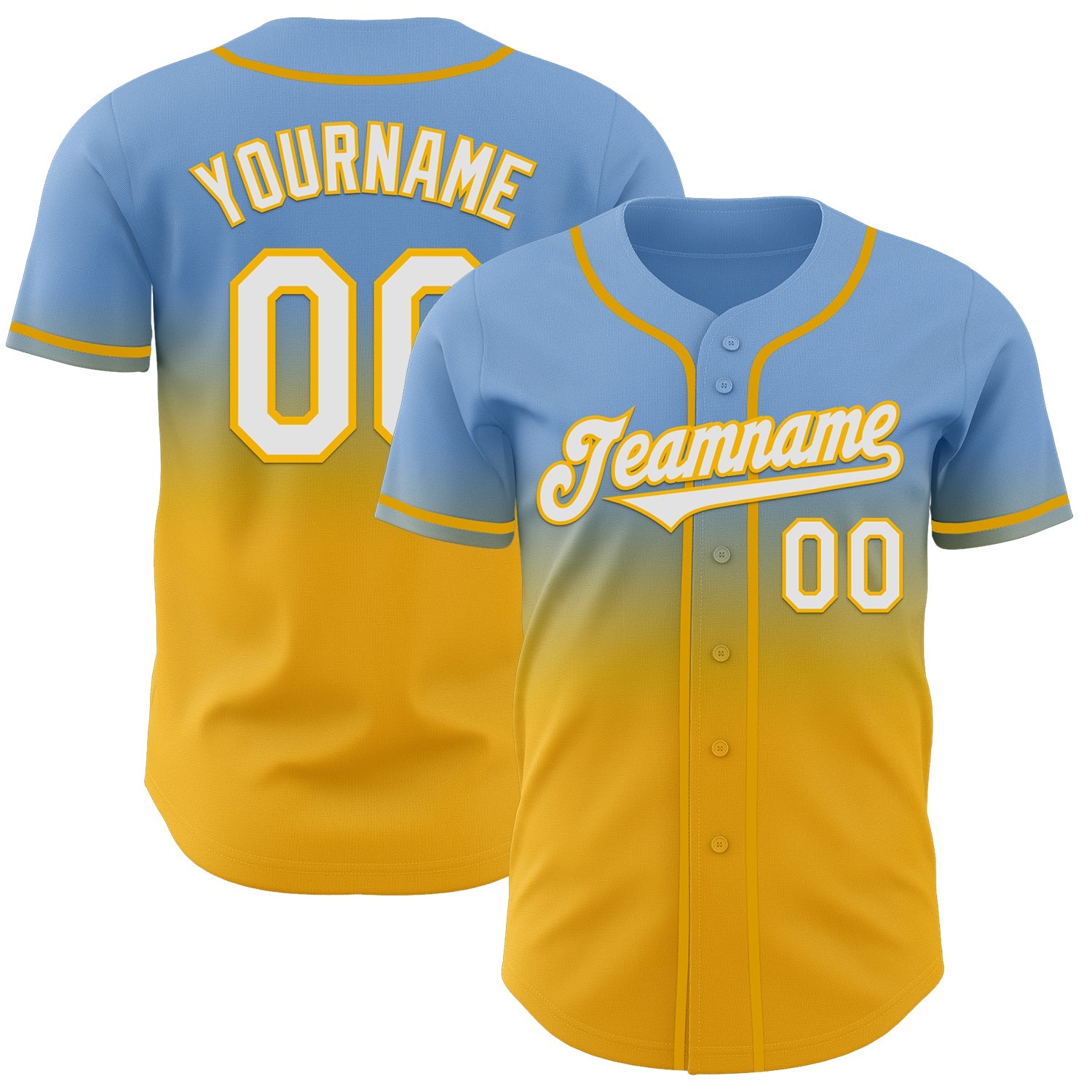 Custom Light Blue White-Gold Authentic Fade Fashion Baseball Jersey - Main View
