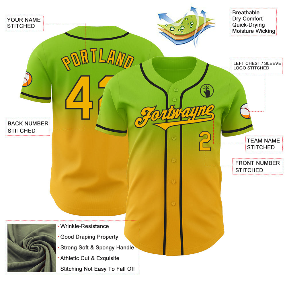 Custom Neon Green Gold-Black Authentic Fade Fashion Baseball Jersey view 3
