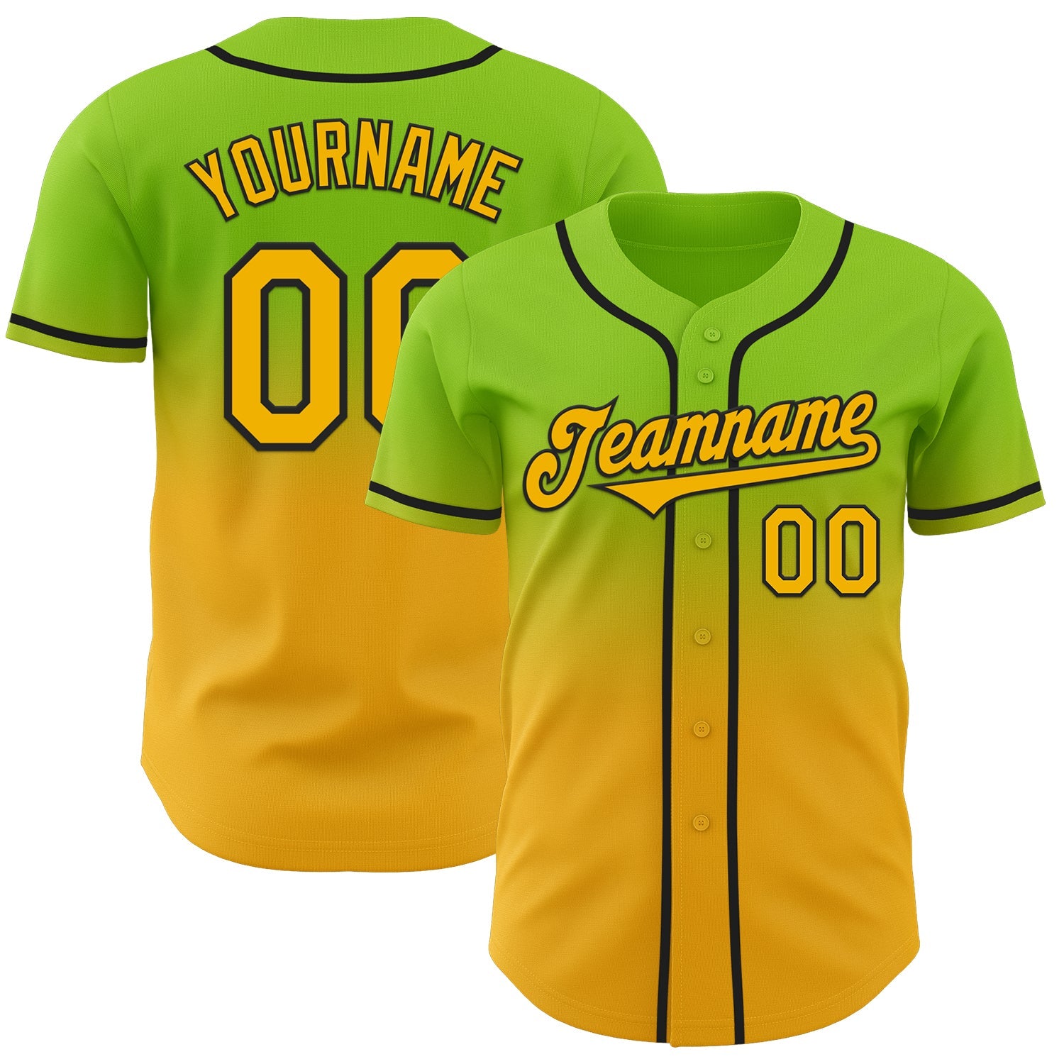 Custom Neon Green Gold-Black Authentic Fade Fashion Baseball Jersey - Main View