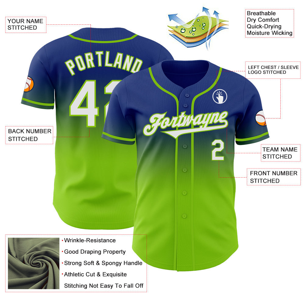 Custom Royal White-Neon Green Authentic Fade Fashion Baseball Jersey view 3