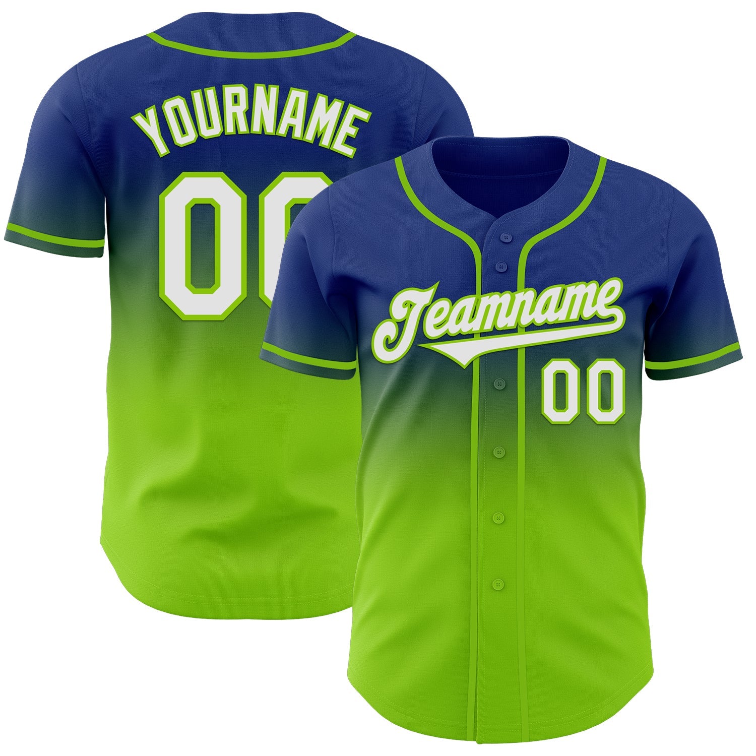 Custom Royal White-Neon Green Authentic Fade Fashion Baseball Jersey - Main View