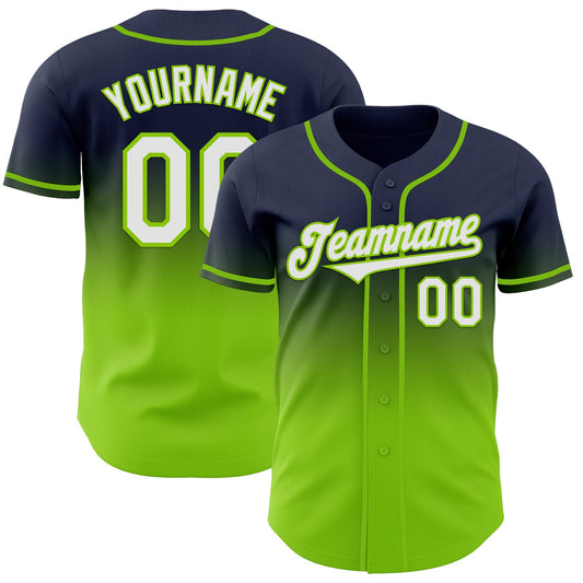 Custom Navy White-Neon Green Authentic Fade Fashion Baseball Jersey - Main View
