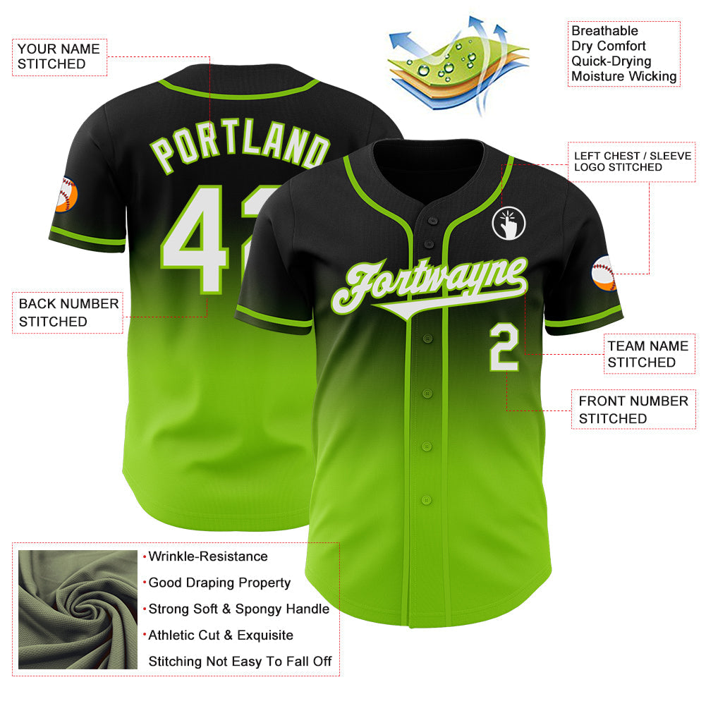 Custom Black White-Neon Green Authentic Fade Fashion Baseball Jersey view 3