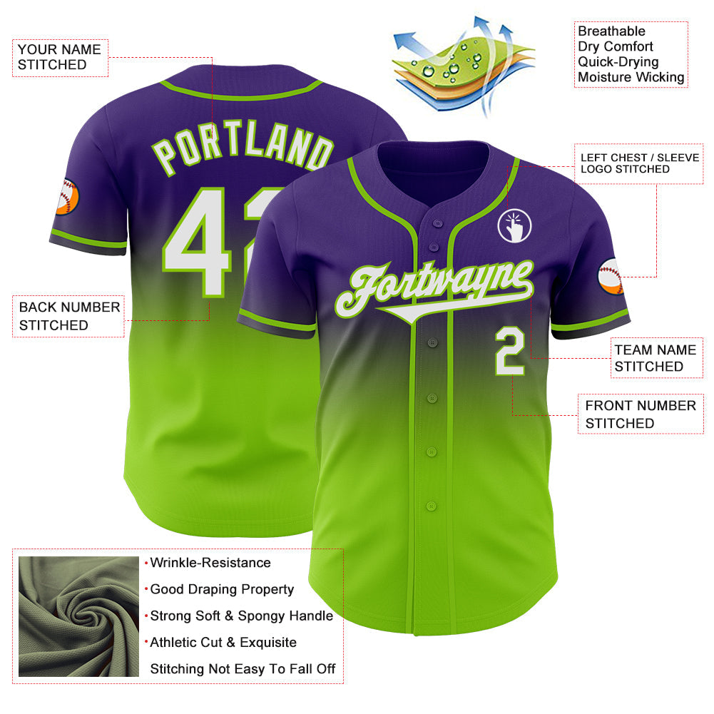 Custom Purple White-Neon Green Authentic Fade Fashion Baseball Jersey view 3
