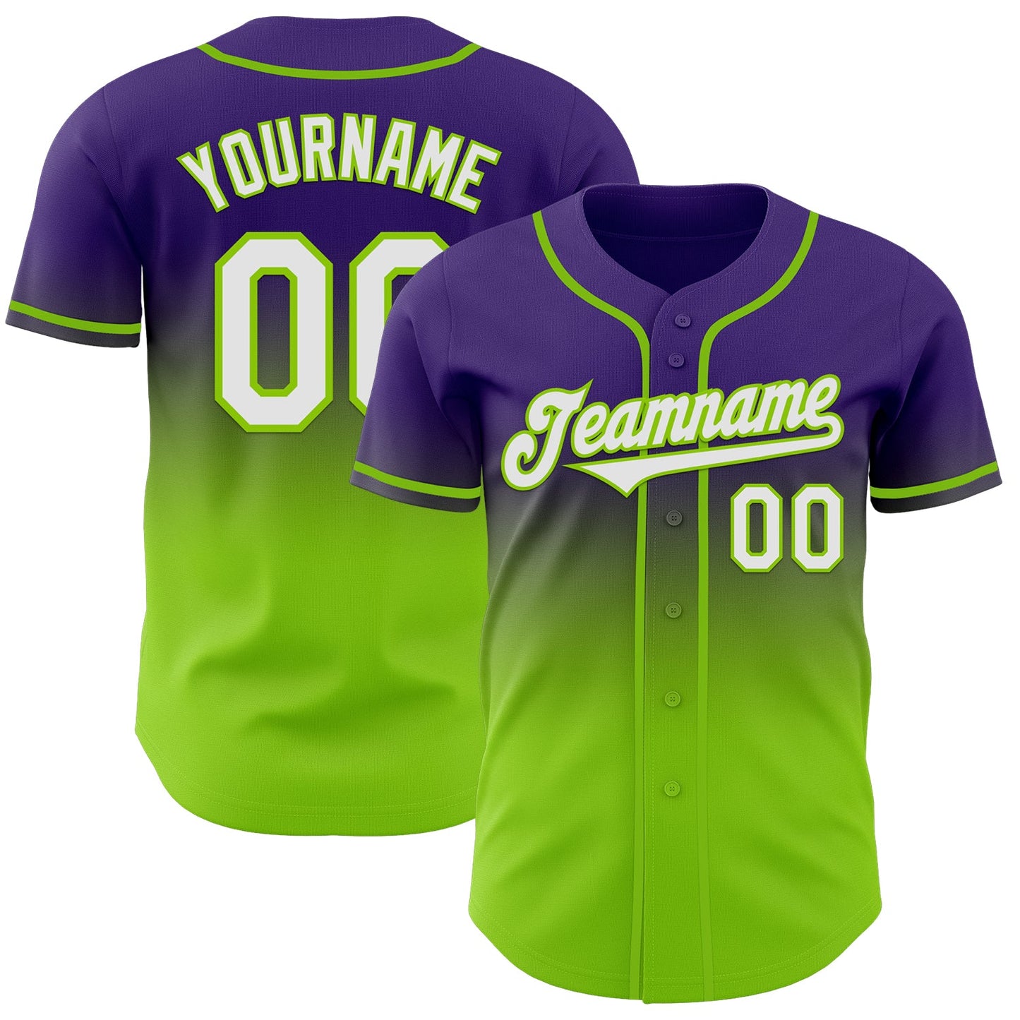 Custom Purple White-Neon Green Authentic Fade Fashion Baseball Jersey - Main View