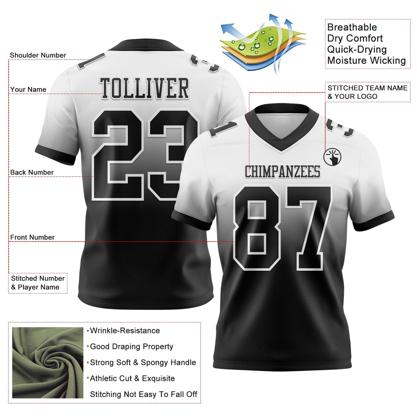 Custom White Black Authentic Fade Fashion Football Jersey view 2