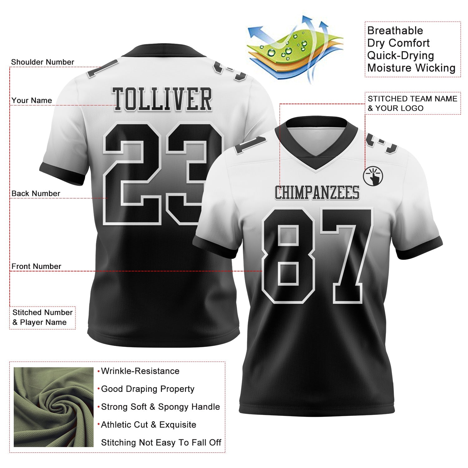 Custom White Black Authentic Fade Fashion Football Jersey view 2