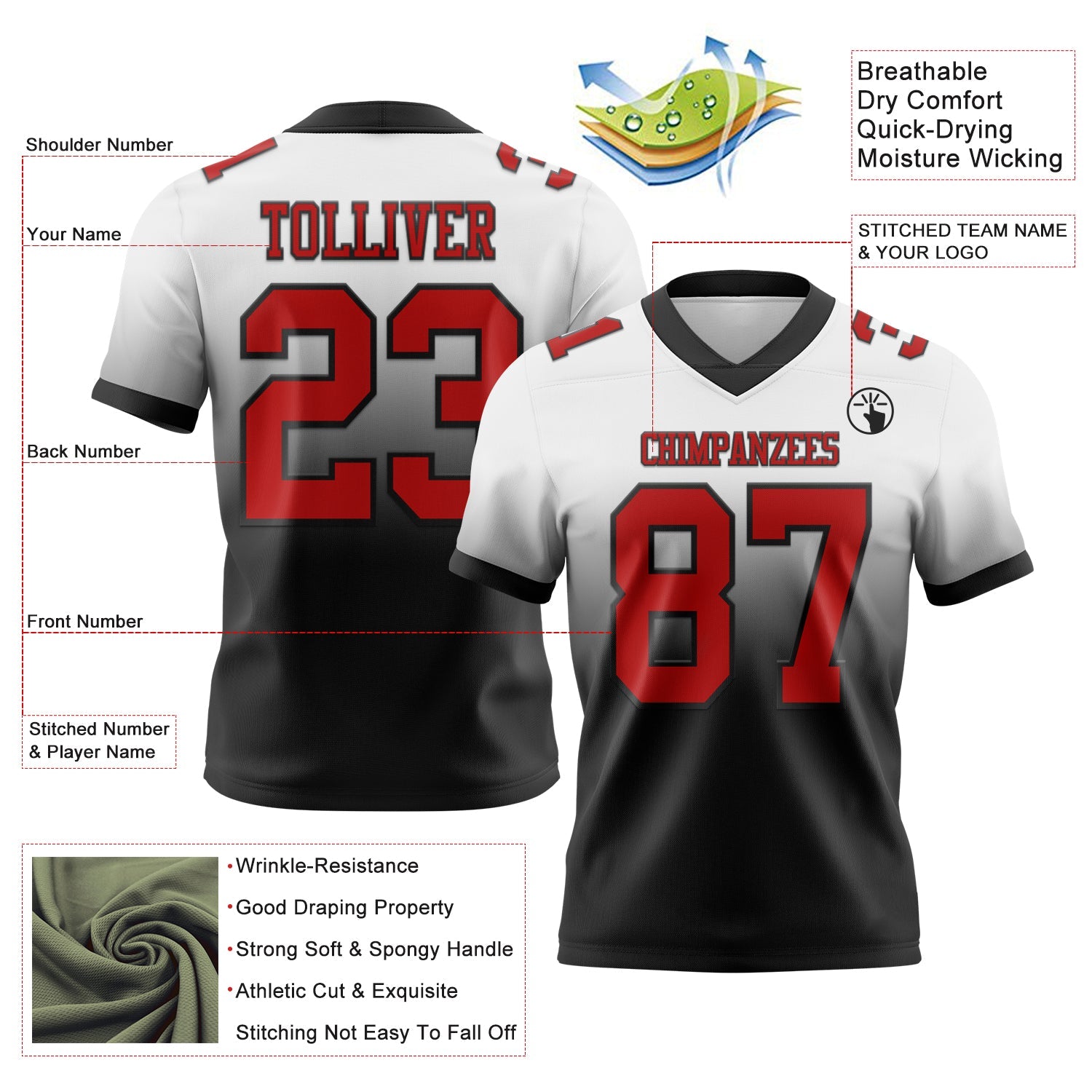 Custom White Red-Black Authentic Fade Fashion Football Jersey view 2
