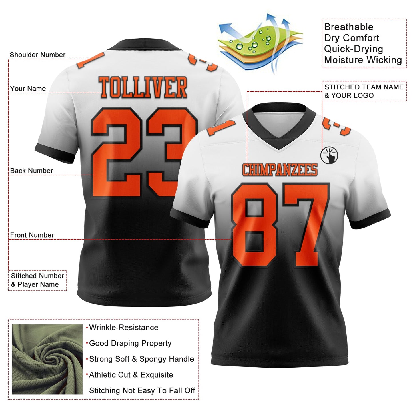 Custom White Orange-Black Authentic Fade Fashion Football Jersey view 2