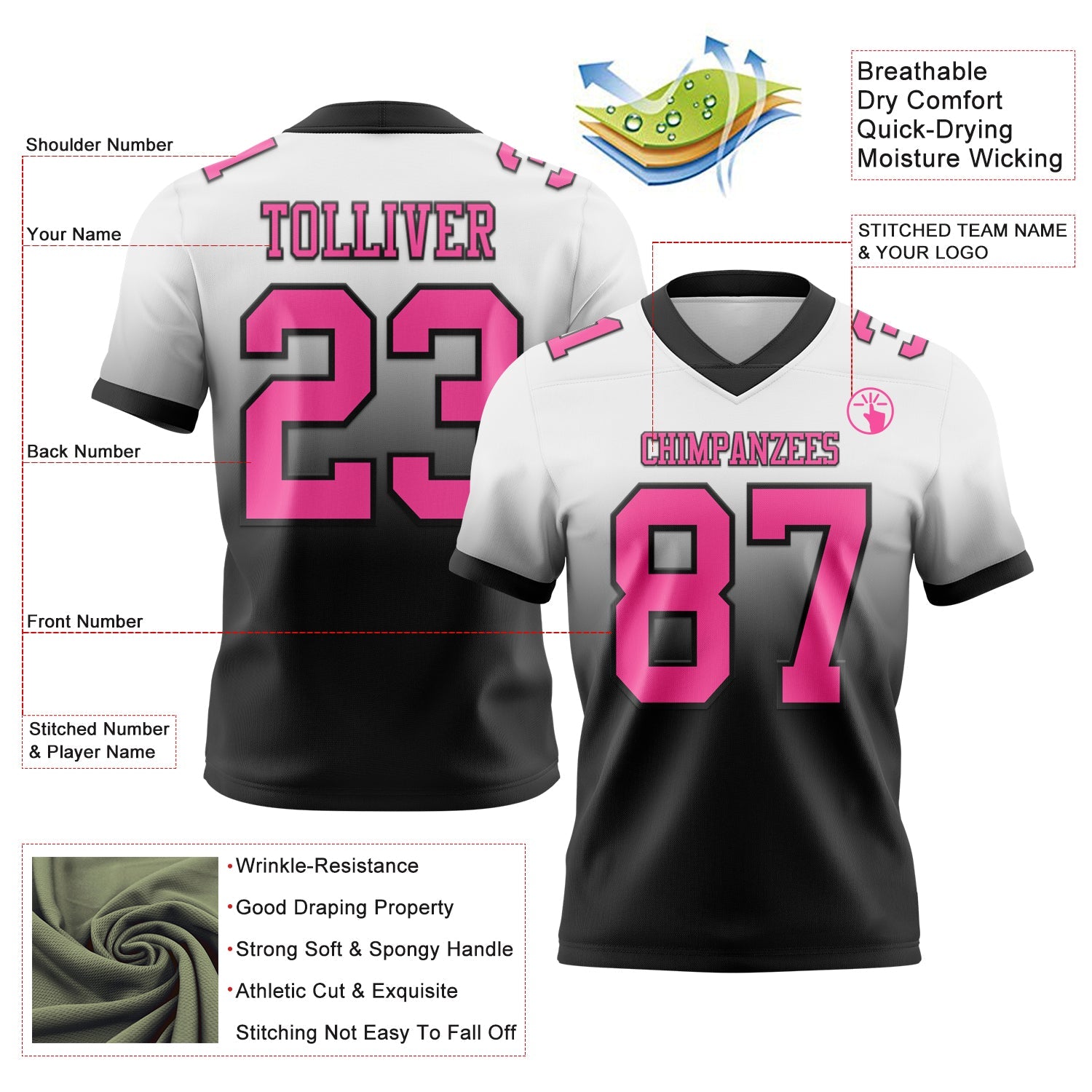 Custom White Pink-Black Authentic Fade Fashion Football Jersey view 2
