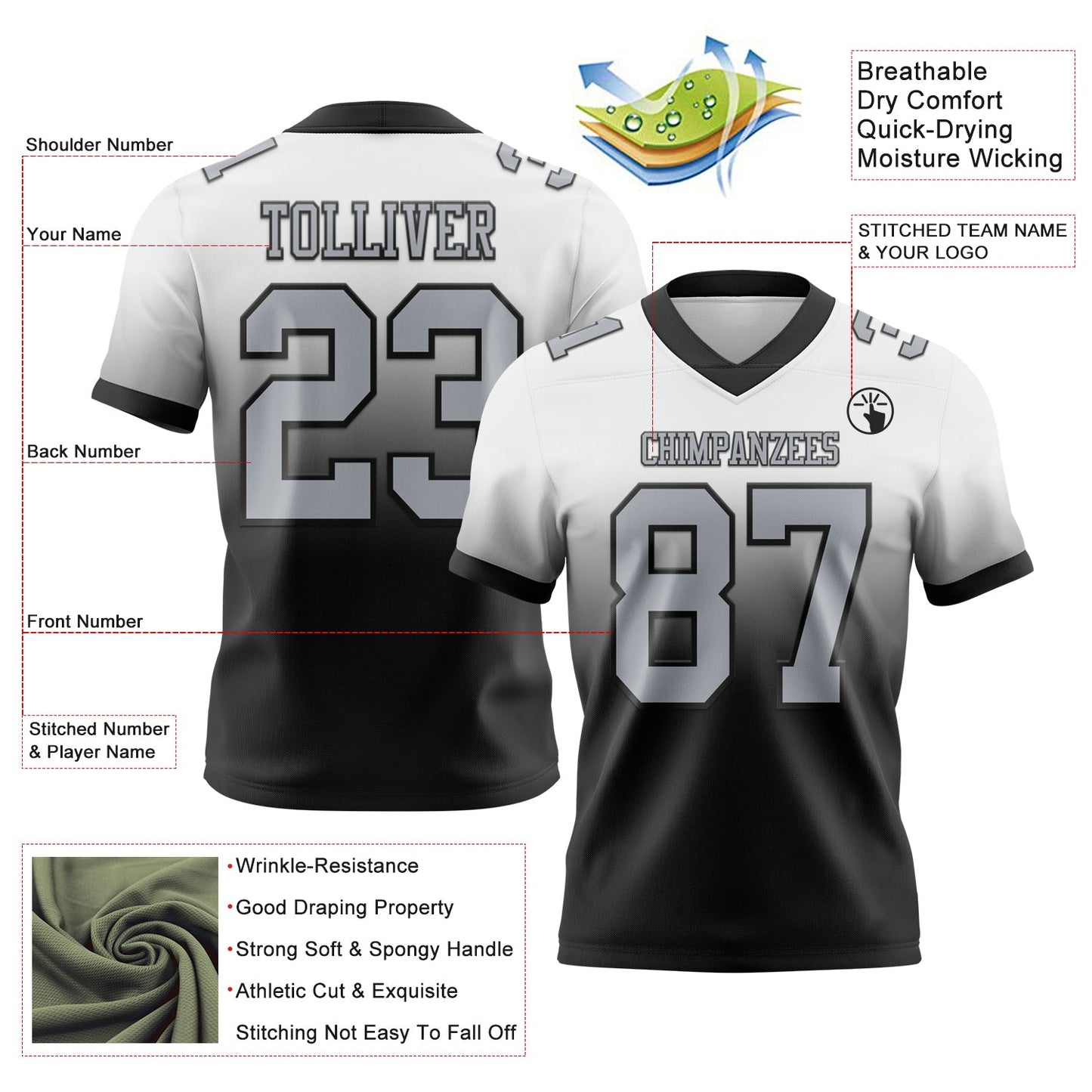 Custom White Gray-Black Authentic Fade Fashion Football Jersey view 2