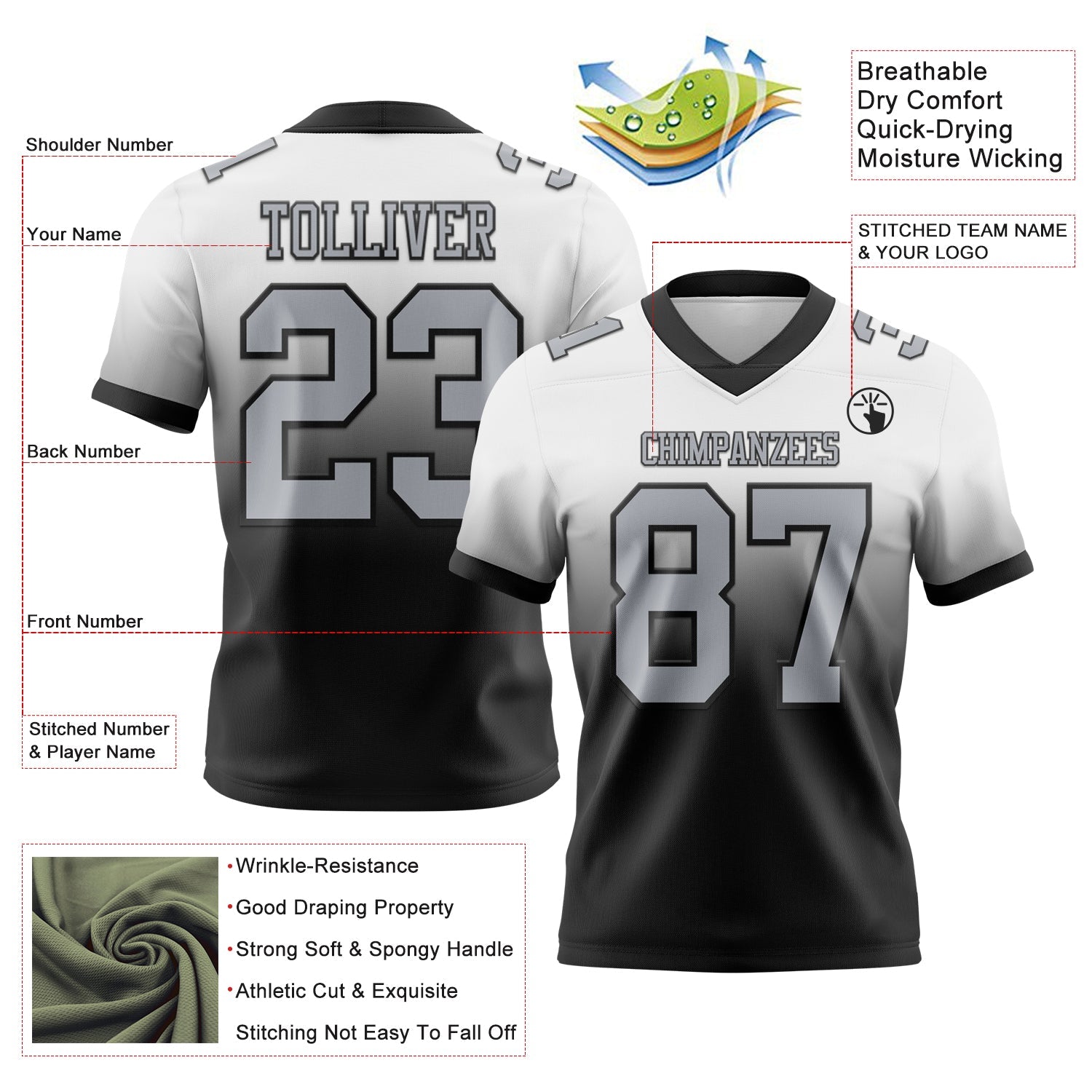 Custom White Gray-Black Authentic Fade Fashion Football Jersey view 2