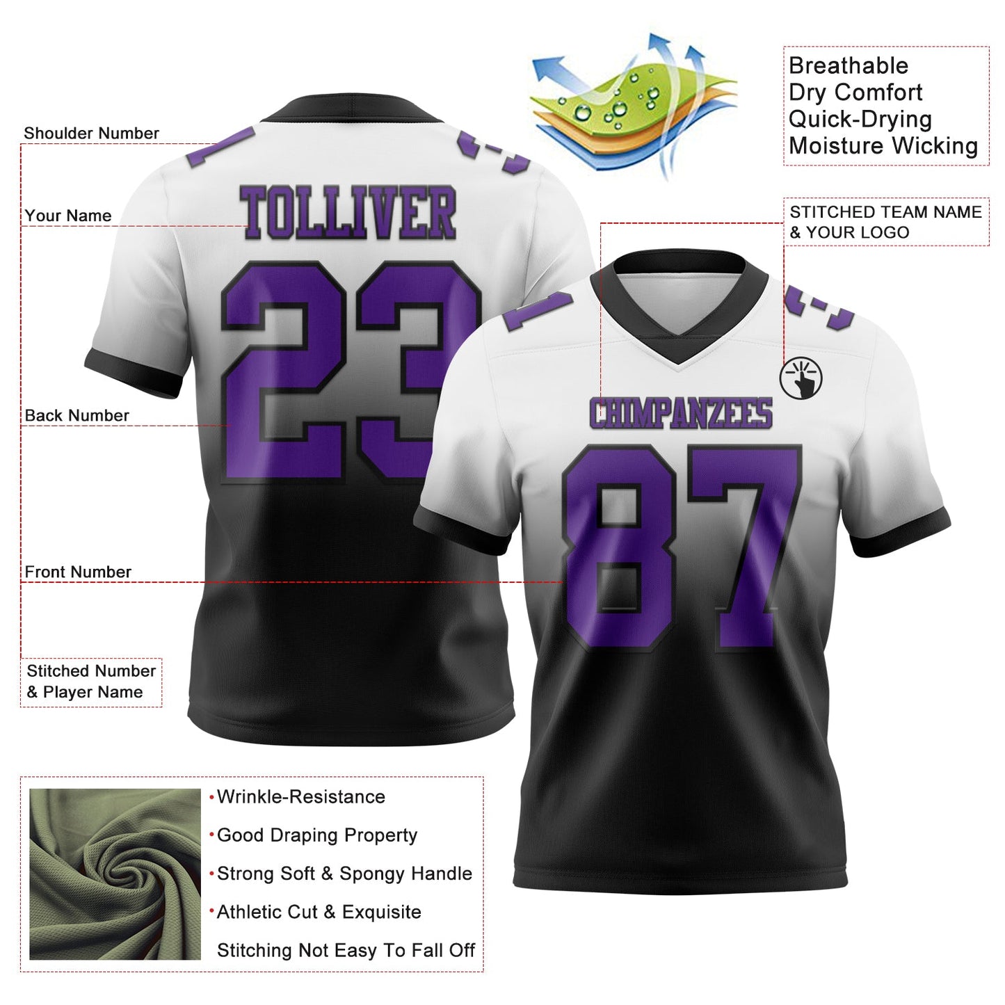 Custom White Purple-Black Authentic Fade Fashion Football Jersey view 2