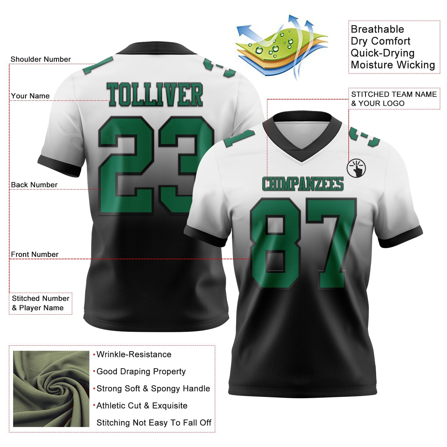Custom White Kelly Green-Black Authentic Fade Fashion Football Jersey view 2