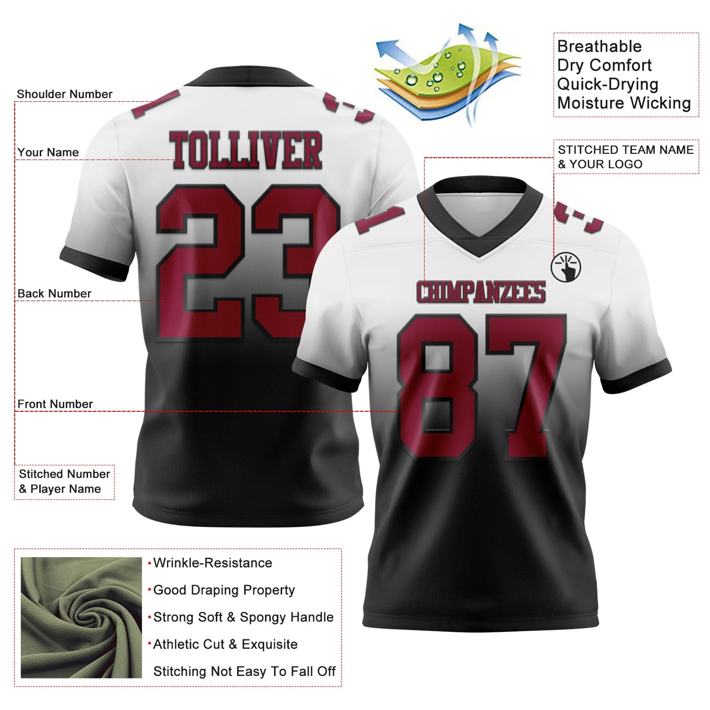 Custom White Maroon-Black Authentic Fade Fashion Football Jersey view 2
