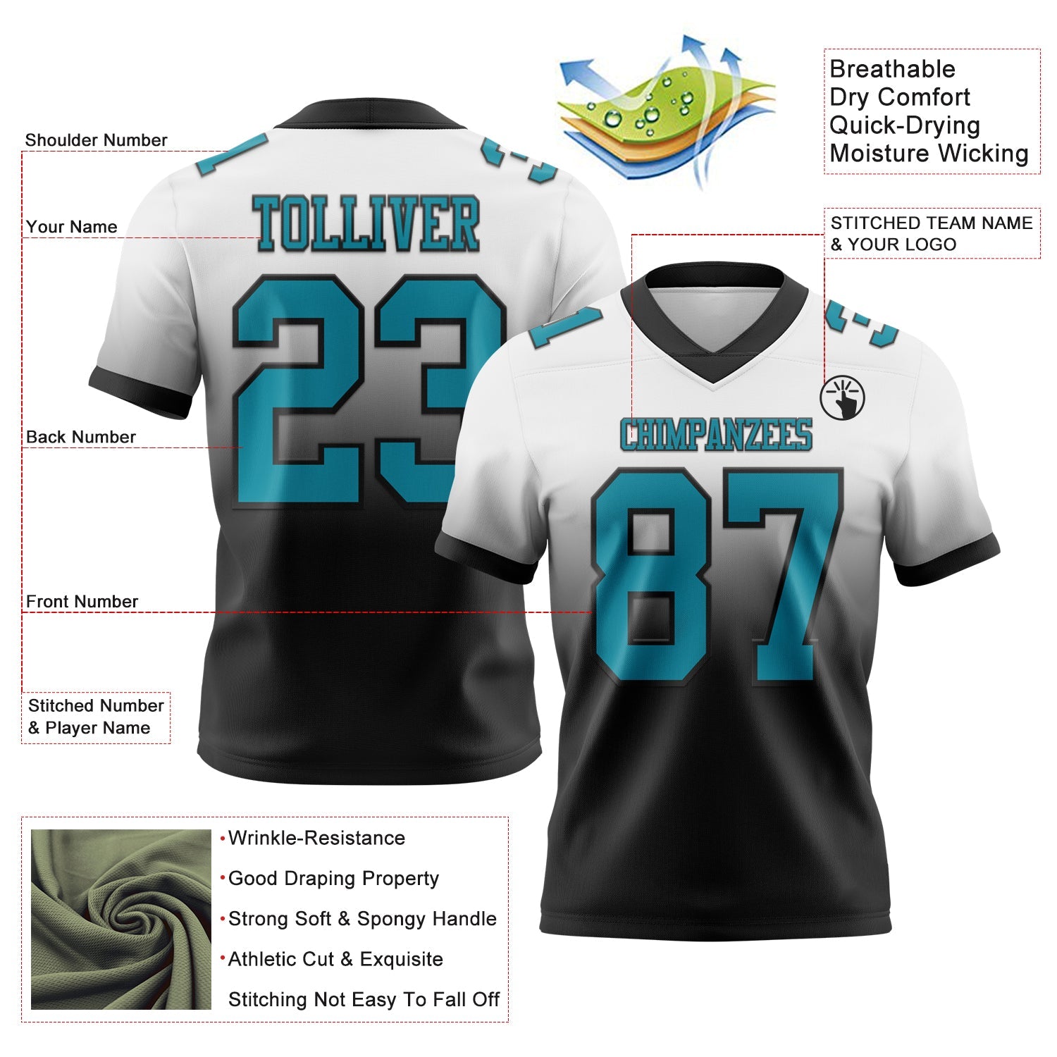 Custom White Teal-Black Authentic Fade Fashion Football Jersey view 2