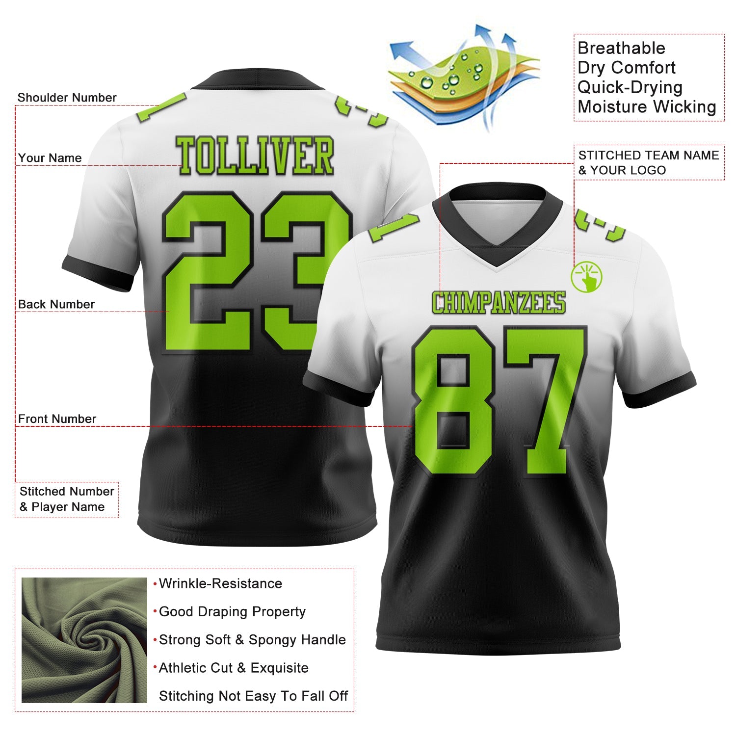 Custom White Neon Green-Black Authentic Fade Fashion Football Jersey view 2