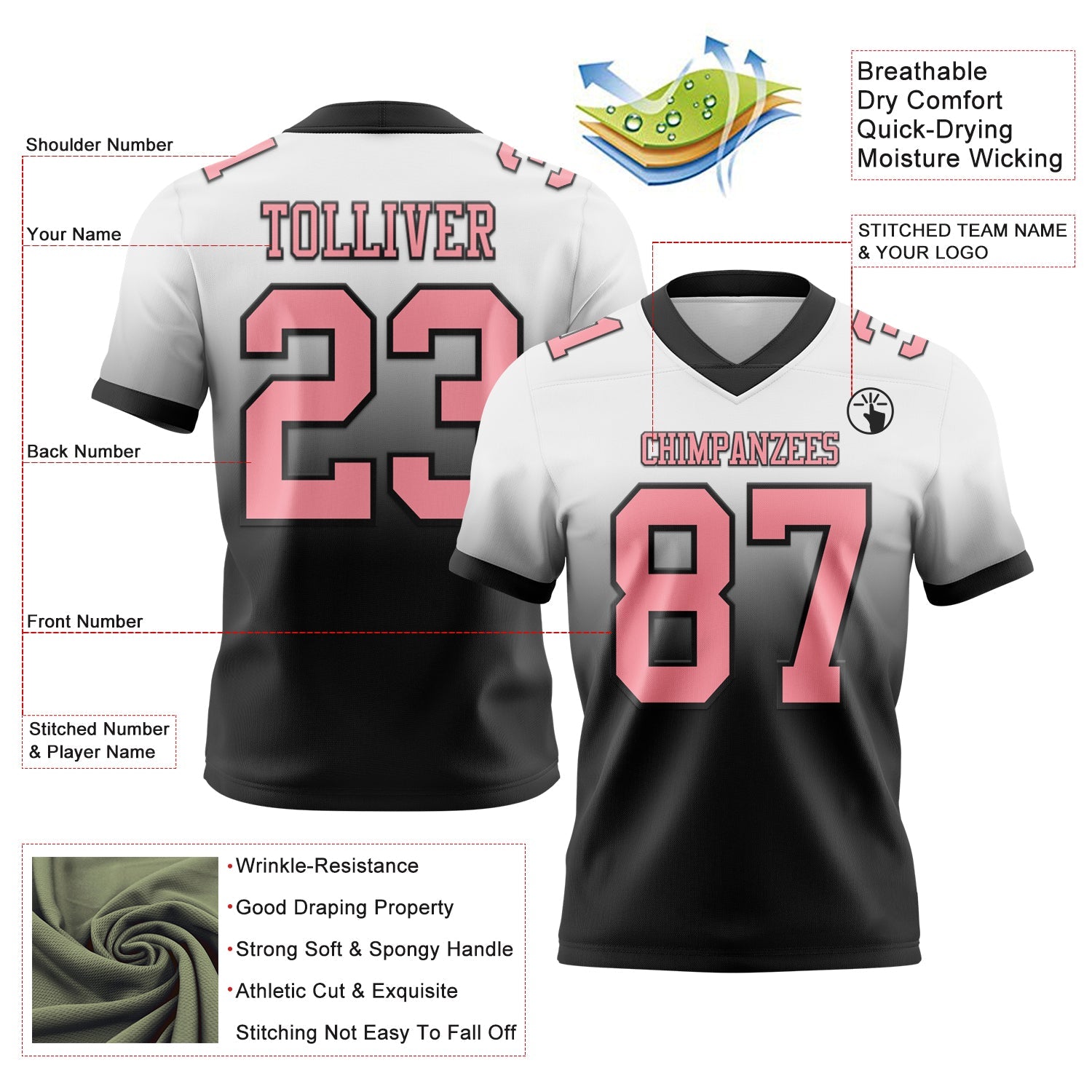 Custom White Medium Pink-Black Authentic Fade Fashion Football Jersey view 2
