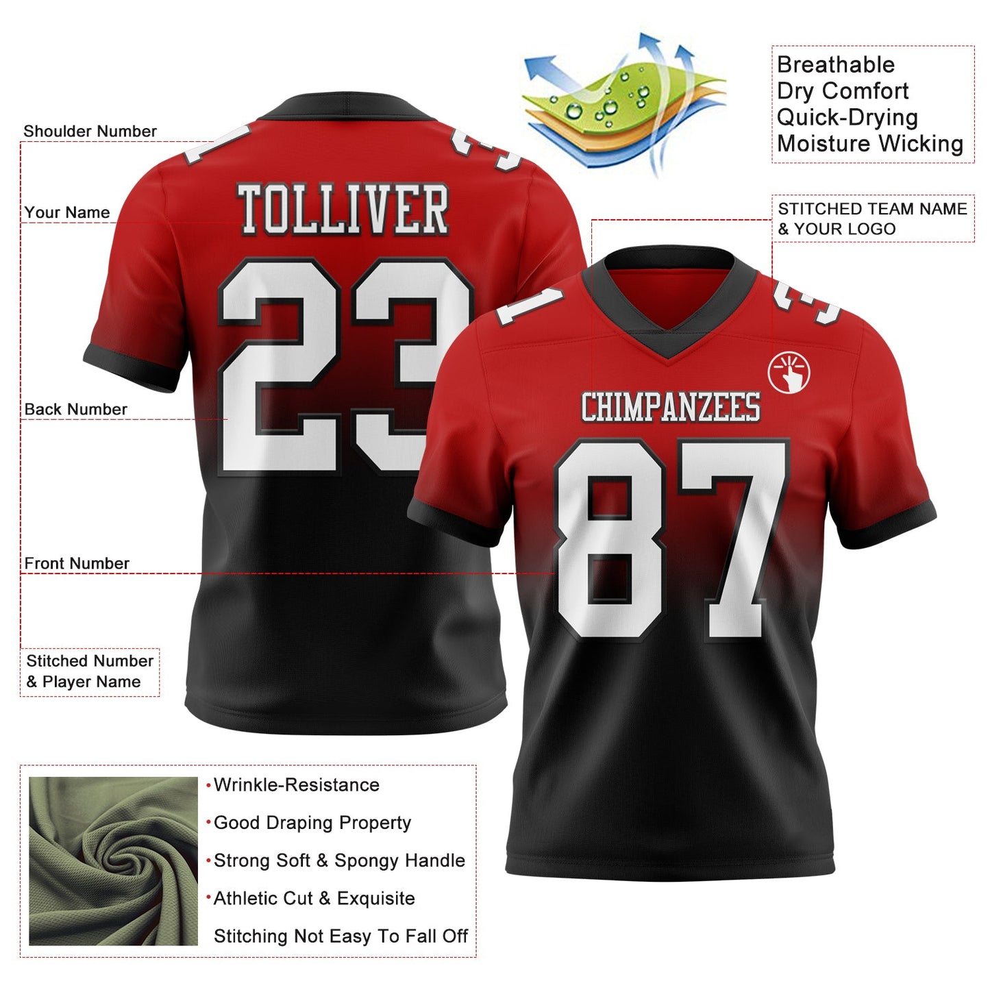 Custom Red White-Black Authentic Fade Fashion Football Jersey view 2