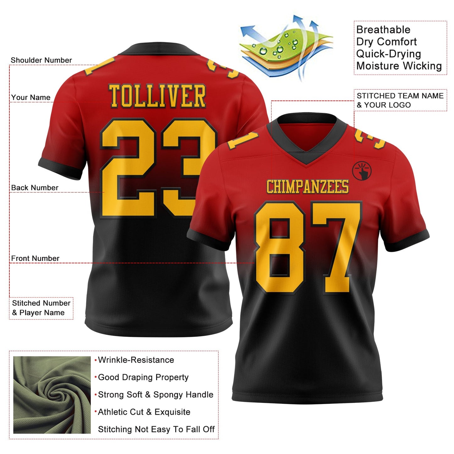 Custom Red Gold-Black Authentic Fade Fashion Football Jersey view 2