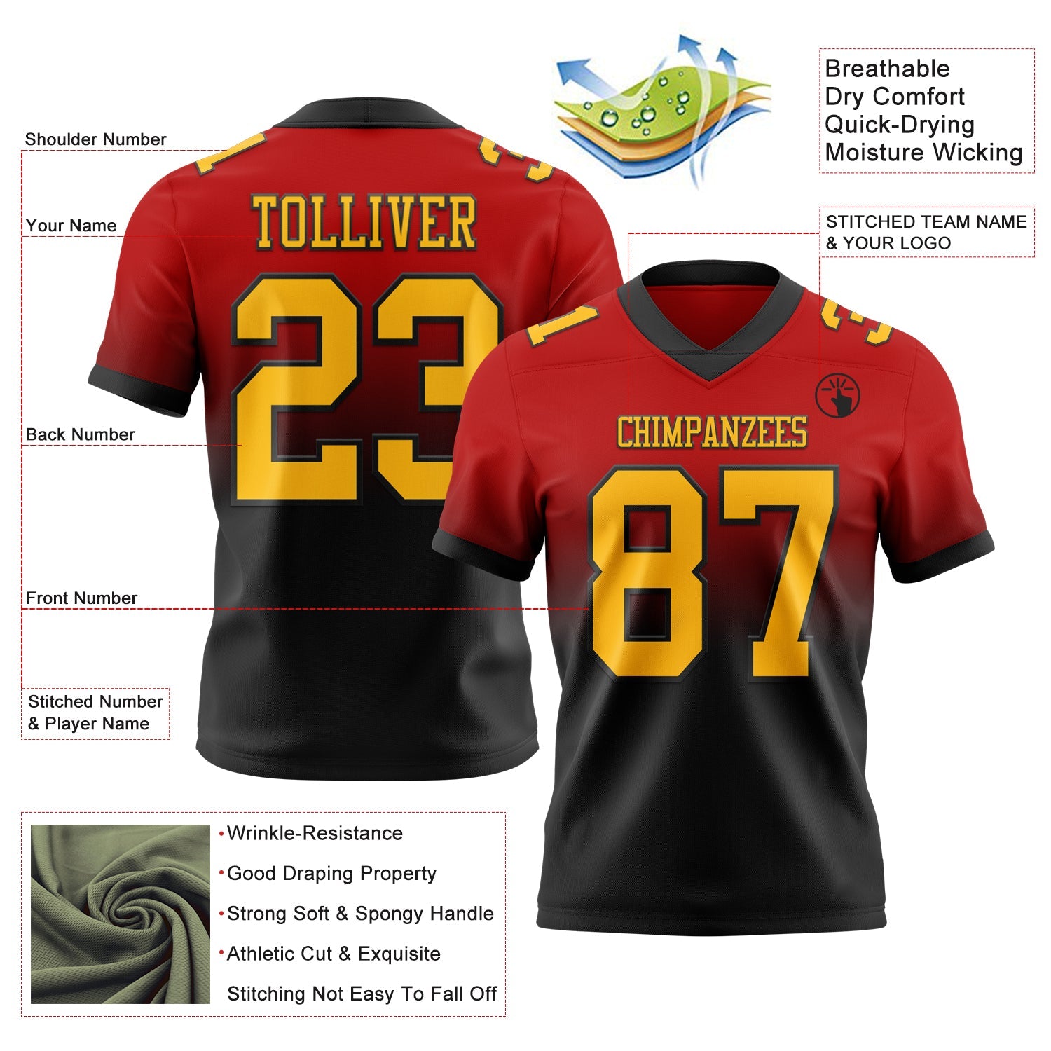 Custom Red Gold-Black Authentic Fade Fashion Football Jersey view 2