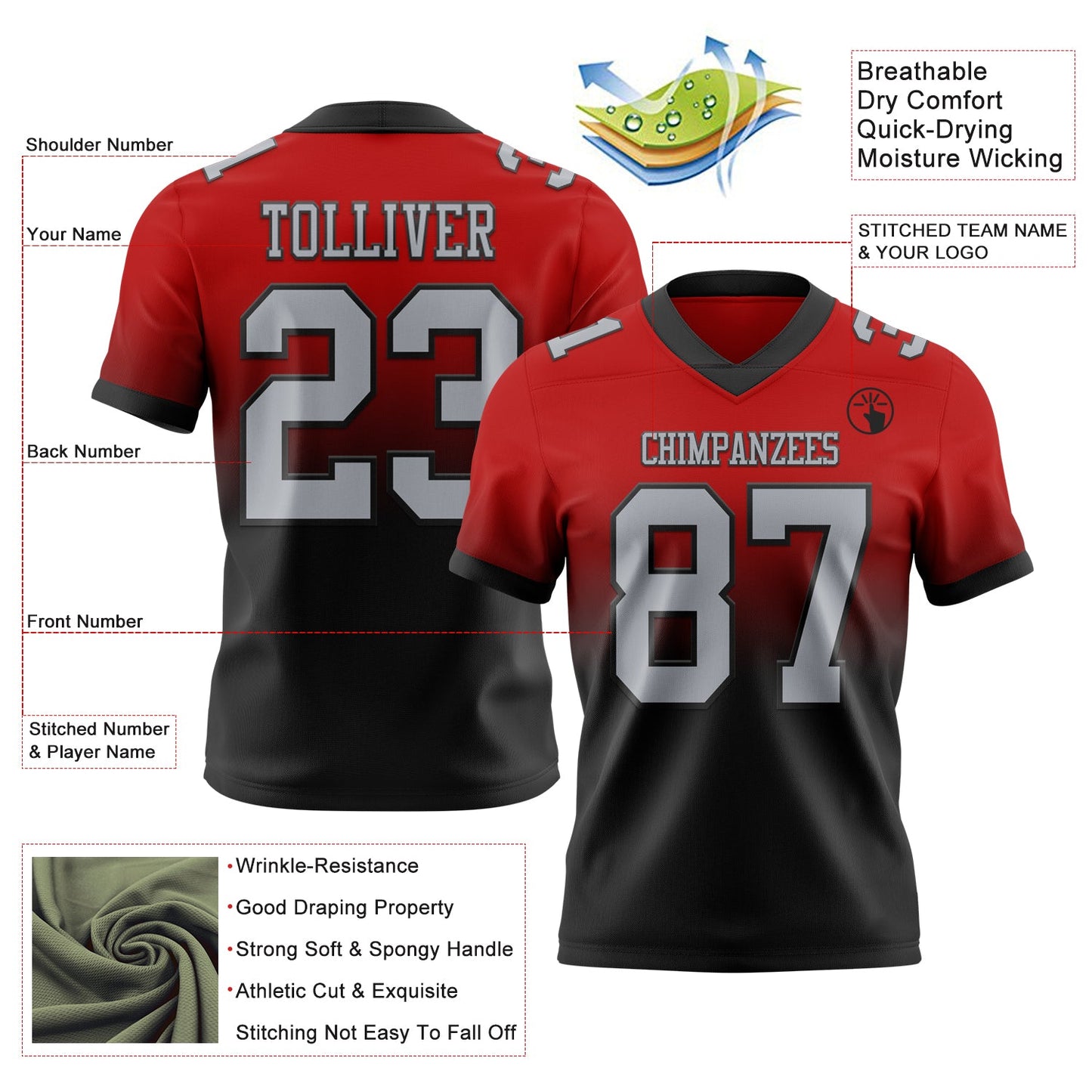 Custom Red Gray-Black Authentic Fade Fashion Football Jersey view 2