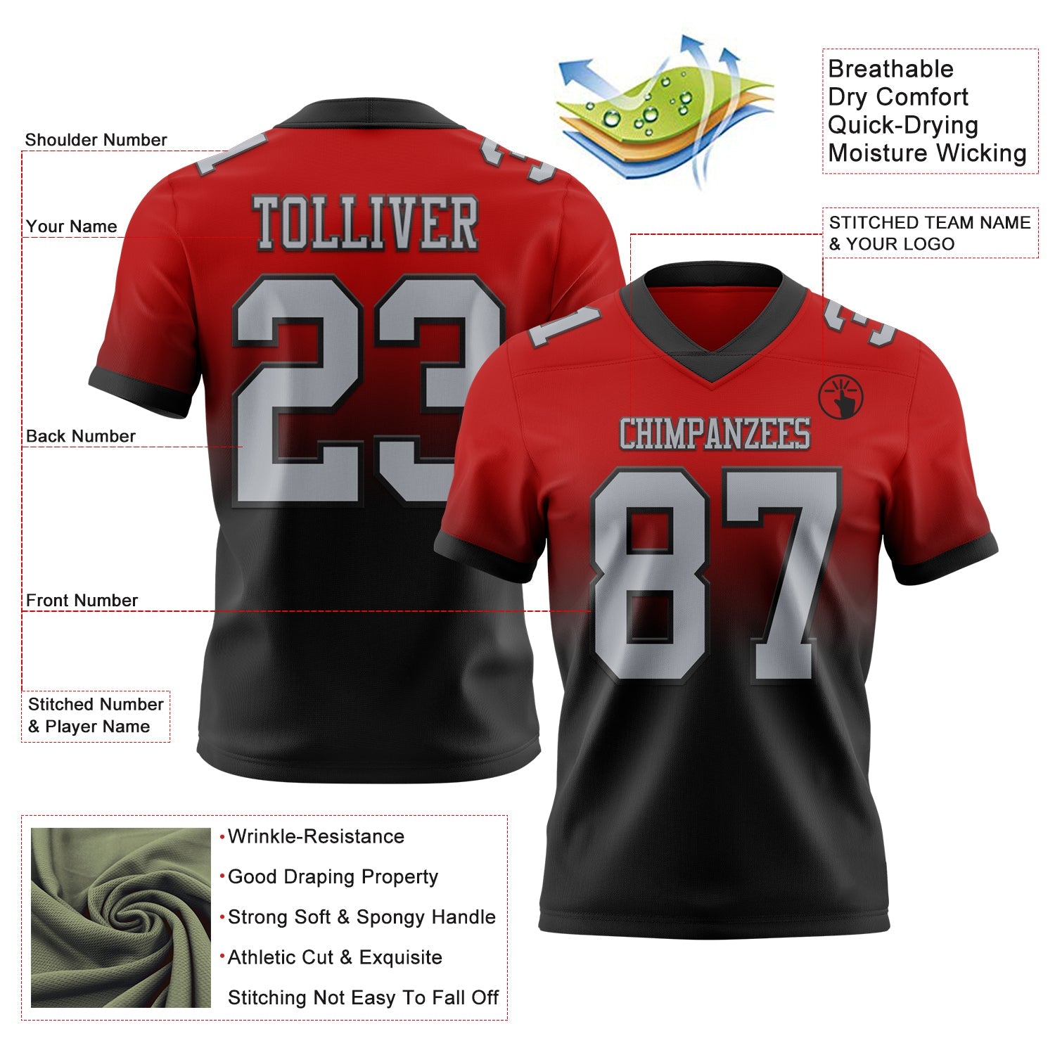 Custom Red Gray-Black Authentic Fade Fashion Football Jersey view 2