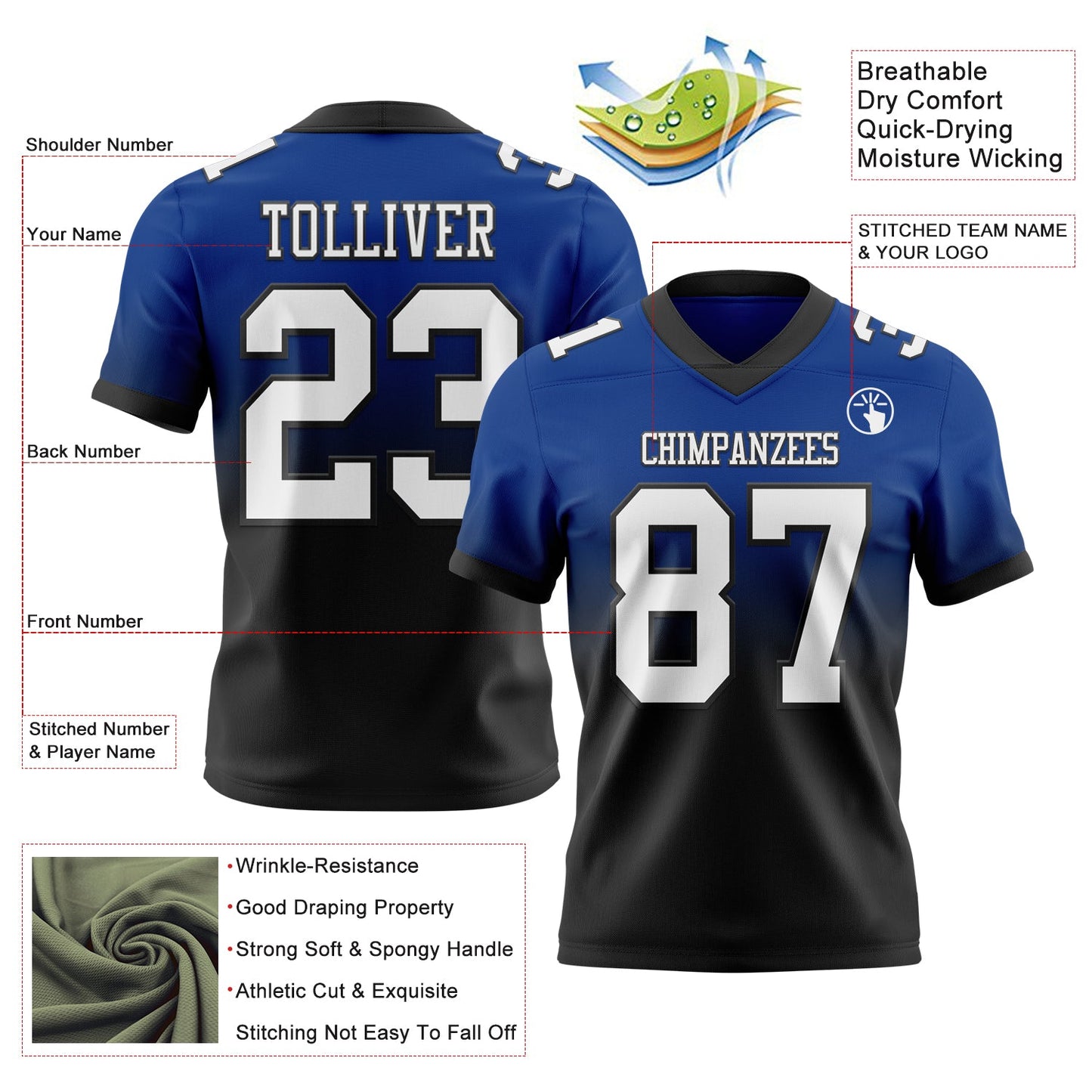 Custom Royal White-Black Authentic Fade Fashion Football Jersey view 2