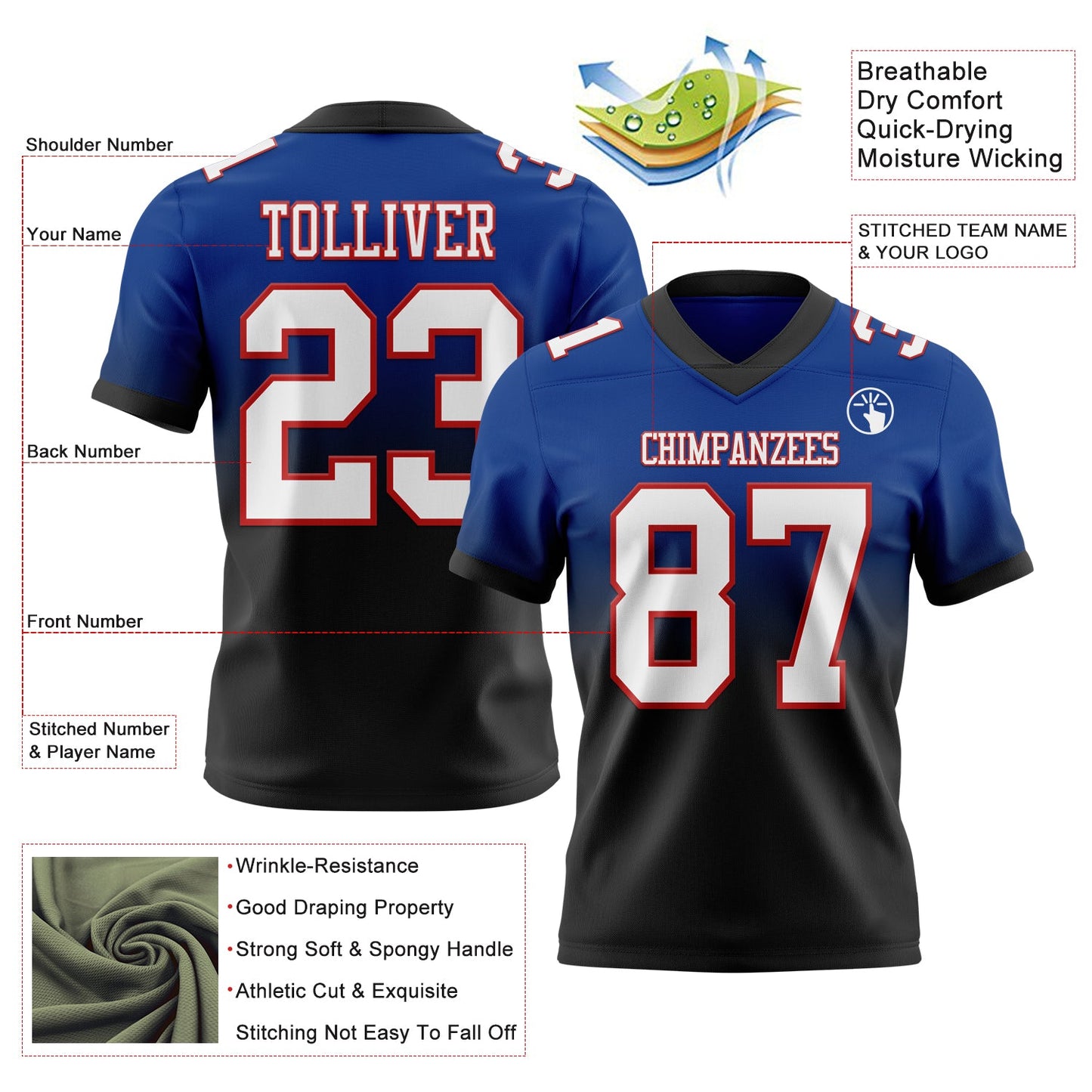 Custom Royal White Black-Red Authentic Fade Fashion Football Jersey view 2