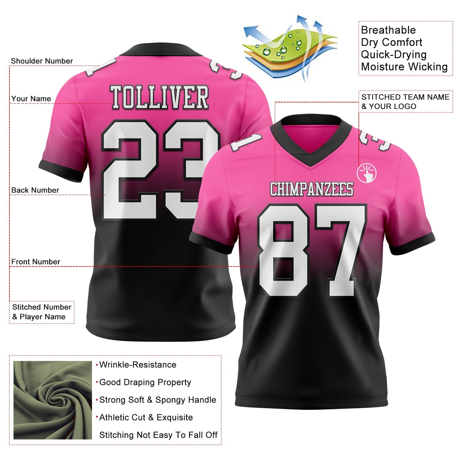 Custom Pink White-Black Authentic Fade Fashion Football Jersey view 2