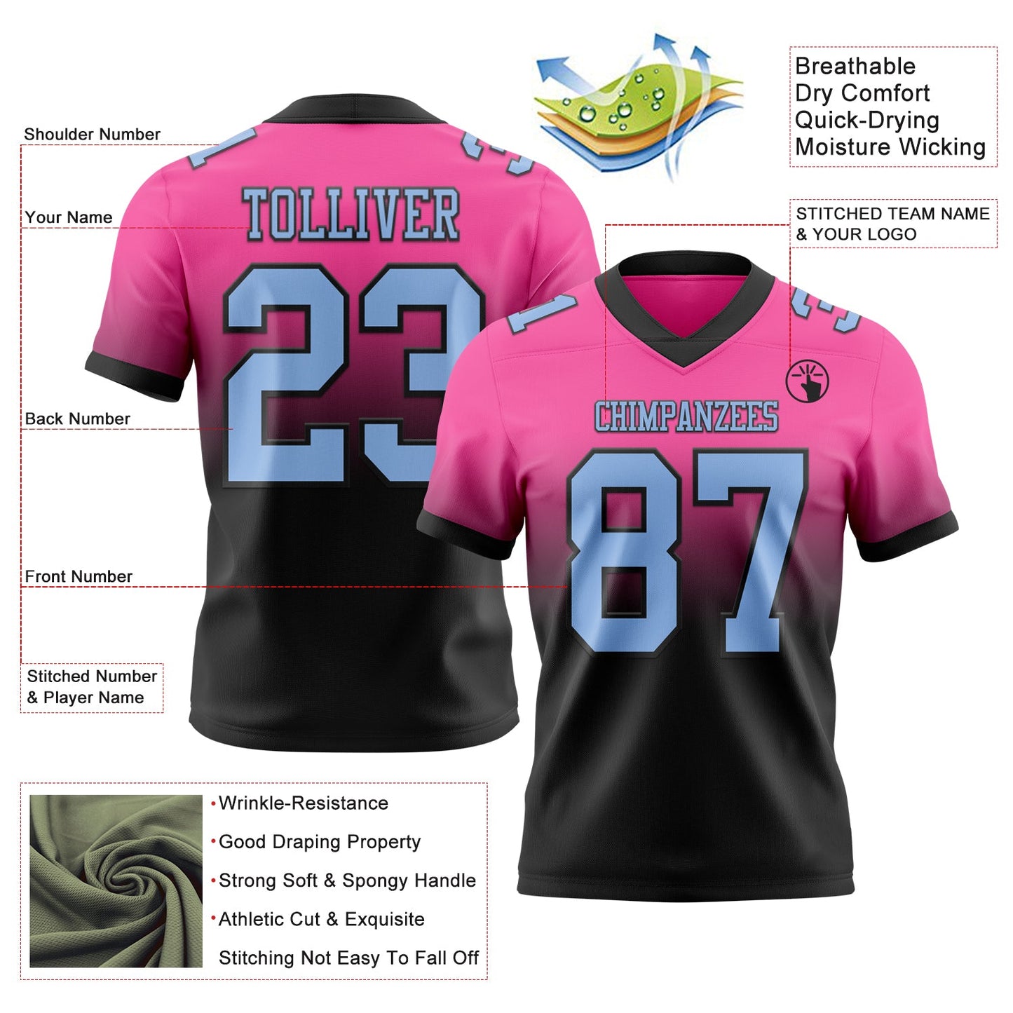 Custom Pink Light Blue-Black Authentic Fade Fashion Football Jersey view 2